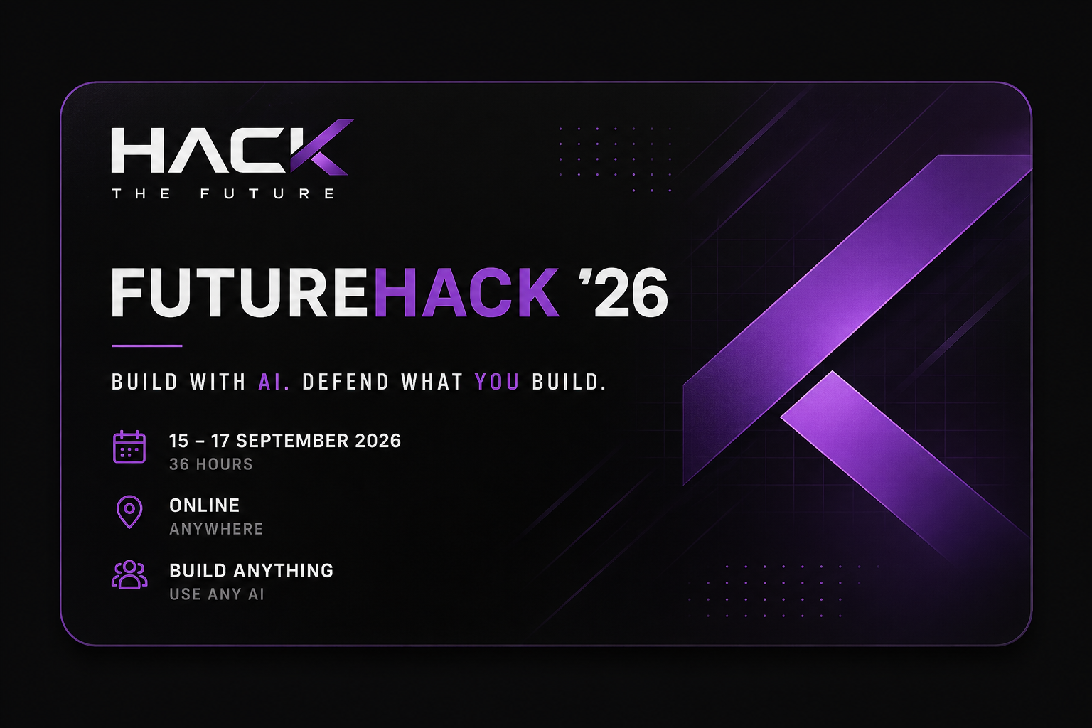 FUTUREHACK '26 event card — 15 to 17 December 2026, online, build anything with any AI