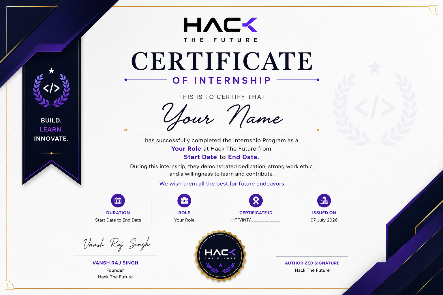 Hack The Future internship certificate example